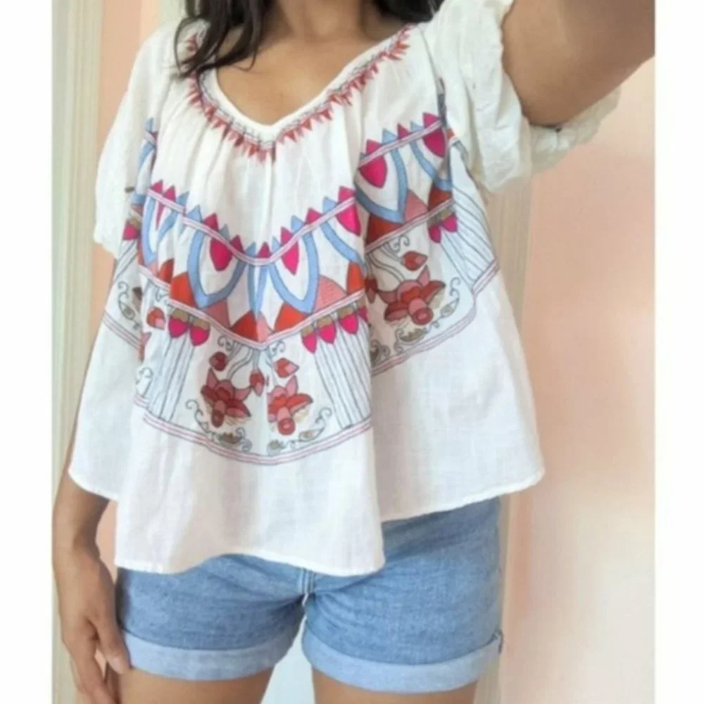 Free People Embroidered Wind In Her Hair Oversized Puff Sleeve Blouse EUC sz S